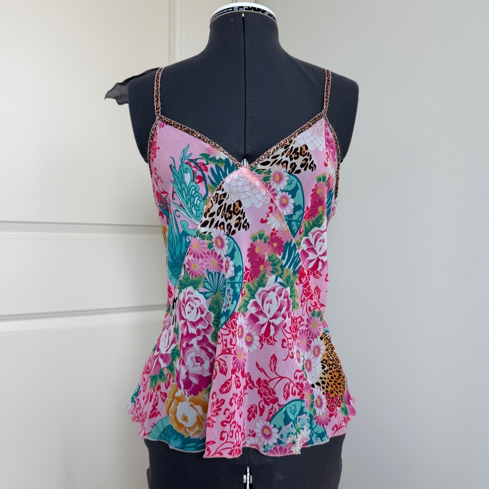 Vintage Y2K Floral Leopard Print Plunge Cami Size XS